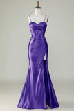 Royal Blue Spaghetti Straps Mermaid Long Prom Dress With Slit