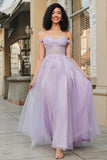 Purple Corset A-Line Long Tulle Prom Dress with Lace