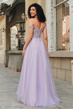 Purple Corset A-Line Long Tulle Prom Dress with Lace