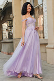 Purple Corset A-Line Long Tulle Prom Dress with Lace