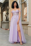 Purple Corset A-Line Long Tulle Prom Dress with Lace