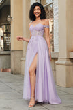 Purple Corset A-Line Long Tulle Prom Dress with Lace