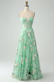 Green A Line Sweetheart Strapless Printed Corset Prom Dress with Slit