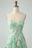 Load image into Gallery viewer, Green A Line Sweetheart Strapless Printed Corset Prom Dress with Slit