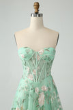 Light Green A-Line Strapless Corset Prom Dress with Embroider