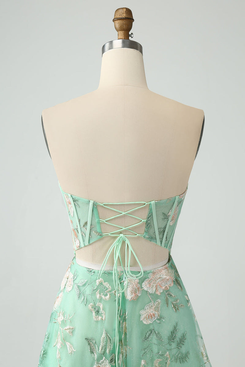 Load image into Gallery viewer, Green A Line Sweetheart Strapless Printed Corset Prom Dress with Slit