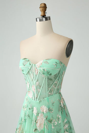 Green A Line Sweetheart Strapless Printed Corset Prom Dress with Slit