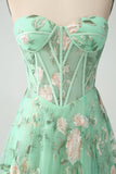 Green A Line Sweetheart Strapless Printed Corset Prom Dress with Slit