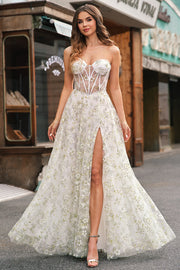 Light Green A-Line Strapless Corset Prom Dress with Embroider