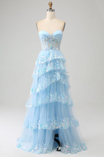 Light Blue Strapless Tiered Tulle Corset Prom Dress with Appliques