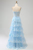Load image into Gallery viewer, Light Blue Strapless Tiered Tulle Corset Prom Dress with Appliques