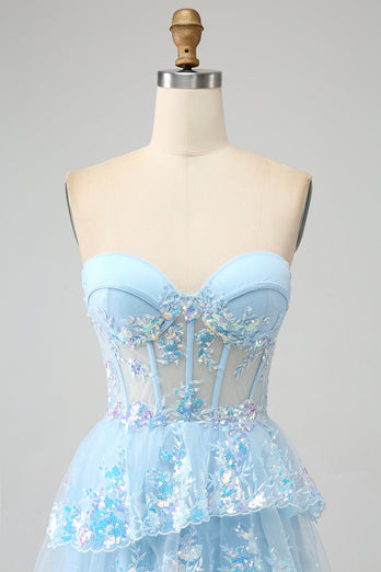 Light Blue Strapless Tiered Tulle Corset Prom Dress with Appliques