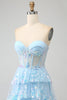 Load image into Gallery viewer, Light Blue Strapless Tiered Tulle Corset Prom Dress with Appliques