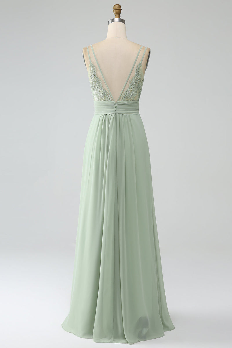 Load image into Gallery viewer, Dusty Sage A-Line Spaghetti Straps Pleated Chiffon Long Bridesmaid Dress