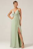 A-Line Pleated Chiffon Long Dusty Sage Bridesmaid Dress