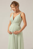 A-Line Pleated Chiffon Long Dusty Sage Bridesmaid Dress