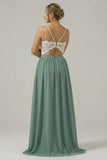 Eucalyptus Open Back Boho Chiffon Long Bridesmaid Dress with Lace