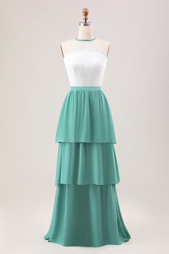 Eucalyptus A Line Tiered Ruffled Long Bridesmaid Dress With Lace