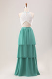 Eucalyptus A Line Tiered Ruffled Long Bridesmaid Dress With Lace