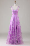 Purple A Line Square Neck Corset Long Prom Dress with 3D Butterflies