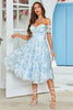 Load image into Gallery viewer, Off The Shoulder Printed Blue Cocktail Dress