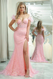 Mermaid Off the Shoulder Sparkly Pink Feathers Corset Prom Dress With Slit