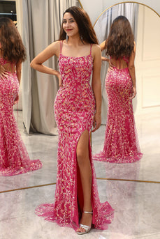 Hot Pink Sequins & Beaded Mermaid Prom Dress with Slit