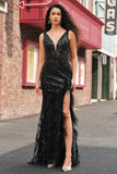 Sparkly Black Deep V-neck Mermaid Long Prom Dress with Feathers