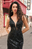 Sparkly Black Deep V-neck Mermaid Long Prom Dress with Feathers