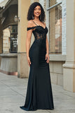 Glitter Mermaid Off the Shoulder Black Long Prom Dress