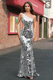 Mermaid Silver Mirror Sequins One Shoulder Prom Dress with Hollow-out