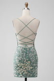 Grey Green Bodycon Lace-up Back Short Homecoming Dress with Sequin Appliqued