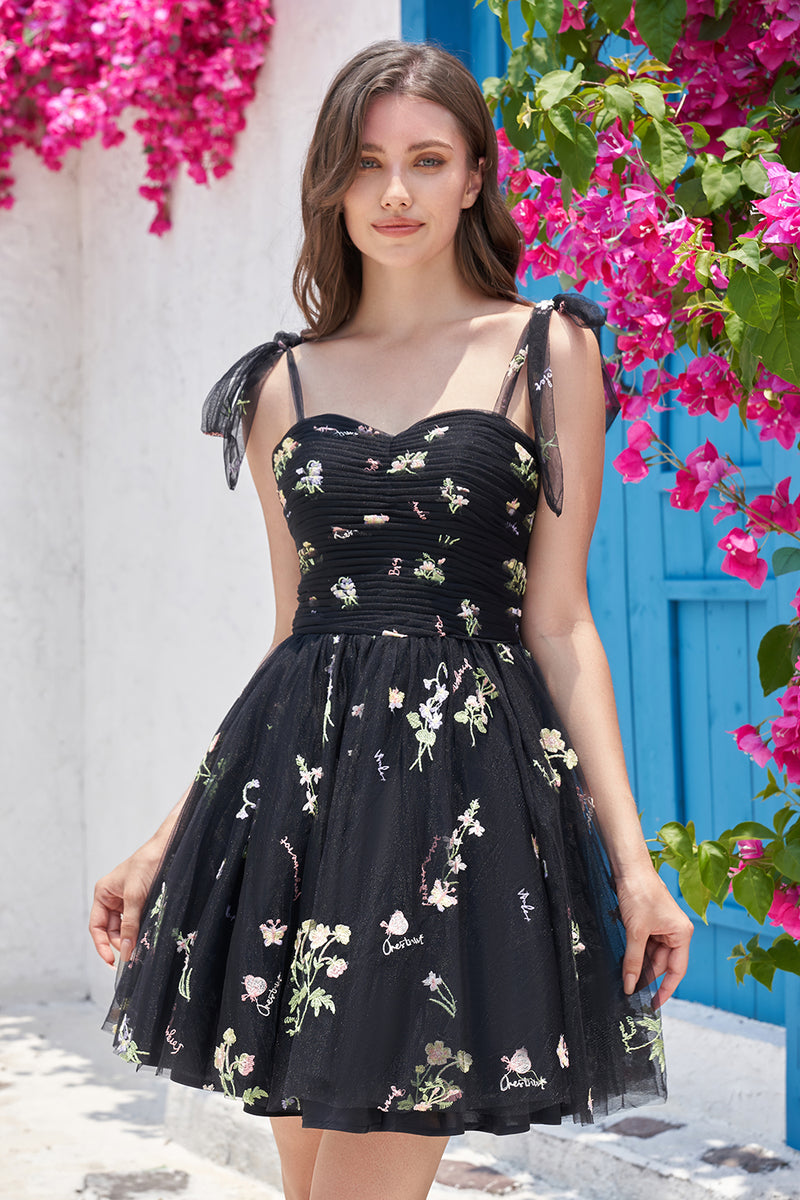Favorite Fleur Black Floral Mesh Embroidered Skater Dress