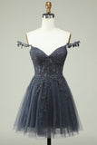 Navy Spaghetti Straps Short Graduation Dress with Appliques