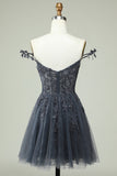 Navy Spaghetti Straps Short Graduation Dress with Appliques