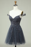 Navy Spaghetti Straps Short Graduation Dress with Appliques