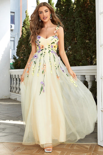 Green Spaghetti Straps Prom Dress With 3D Flowers