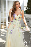 Green Spaghetti Straps Prom Dress With 3D Flowers