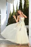 Champagne Spaghetti Straps Prom Dress With 3D Flowers