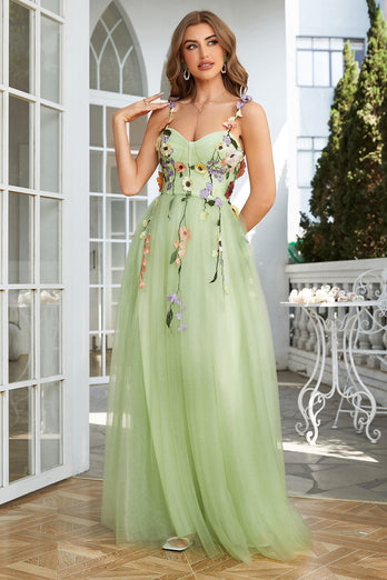 Green Spaghetti Straps Prom Dress With 3D Flowers