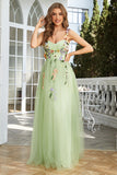 Green Spaghetti Straps Prom Dress With 3D Flowers