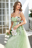 Green Spaghetti Straps Prom Dress With 3D Flowers