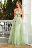 Green Spaghetti Straps Prom Dress With 3D Flowers