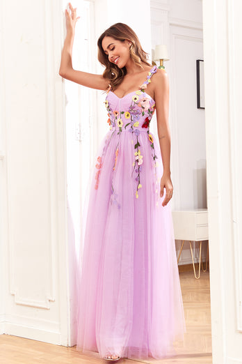 Champagne Spaghetti Straps Prom Dress With 3D Flowers