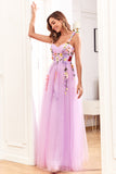 A Line Purple Spaghetti Straps Prom Dress With 3D Flowers