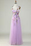 A Line Purple Spaghetti Straps Prom Dress With 3D Flowers