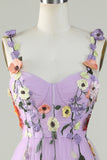 A Line Purple Spaghetti Straps Prom Dress With 3D Flowers