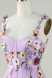 A Line Purple Spaghetti Straps Prom Dress With 3D Flowers