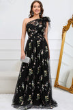 A-Line One Shoulder Black Long Prom Dress With Embroidery