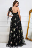 A-Line One Shoulder Black Long Prom Dress With Embroidery